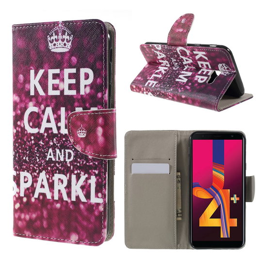 Samsung Galaxy J4 Plus (2018) upea kuviollinen synteetti nahkainen lompakko suojakotelo - Keep Calm and Sparkle