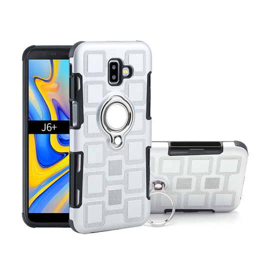 Samsung Galaxy J6 Plus (2018) hybriidi takasuoja kuori kuviollisesta muovista missä magneetti ja sormirengas - Hopea