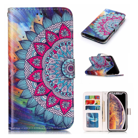 iPhone Xs Max kohokuviollinen synteetti nahkainen lompakko suojakotelo kortti paikoilla - Mandala Kuvio