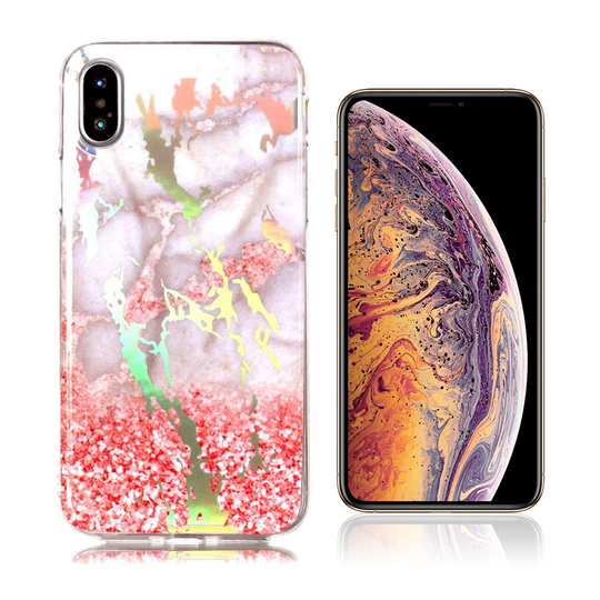 iPhone Xs Max Värikäs laaseri marmori kuviollinen silikooni muovinen takasuoja kuori - Harmaa/ Pinkki