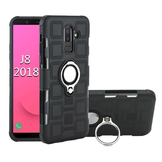 Samsung Galaxy J8 (2018) Geometrisesti Kuvioitu Hybriidi Muovinen Takasuoja Kuori Jalkatuella Ja Magneetilla - Musta