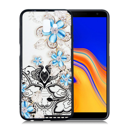 Samsung Galaxy J6 Plus (2018) kohokuviollinen hybriidi muovinen takasuoja kuori - Sininen Kukka