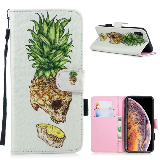 iPhone Xs Max kuviollinen synteetti nahkainen lompakko suojakotelo magneetti lukolla - Ananas Pääkallo