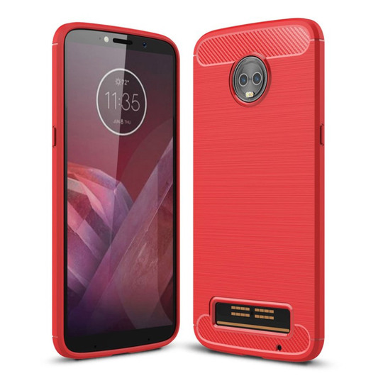 Motorola Moto Z3 Play Hiilikuitu Harrjattu TPU Takaosa Kuori - Punainen