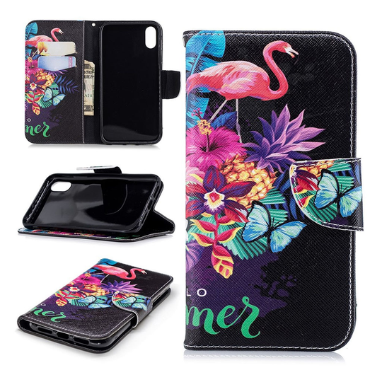 iPhone Xr Printti Kuvioitu Lompakko Kotelo Synteetti Nahasta - Flamingo Ja Värikkäät Kukat