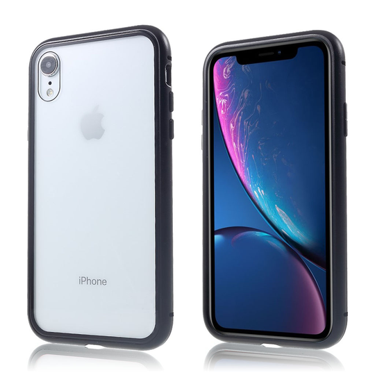 iPhone Xr magneettinen metalli kehys ja karkaistu lasi suojakuori - Musta