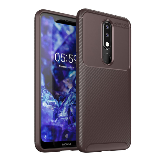 Nokia 5.1 Plus hiilikuitu harjattu pintainen silikooni muovinen takasuoja kuori - Ruskea