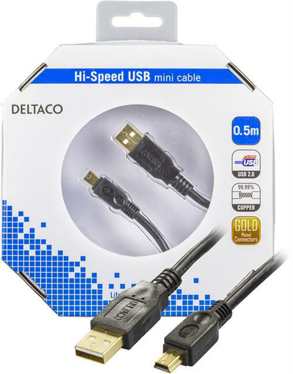 USB 2.0 Kaapeli, Tyyppi A Uros - Mini B-tyyppi Uros, Kullatut Liittimet, Kuparijohtimet, 0,5m, Musta