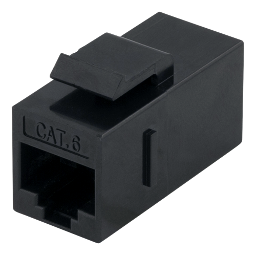 Keystone-jatkoliitin, Cat6, Suojaamaton, 2 X RJ45, Muovia, 180°, Musta
