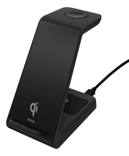3-paikkainen Langaton Laturi, 15 W, USB-C, Qi-sertifioitu, LED-merkkivalo, Musta