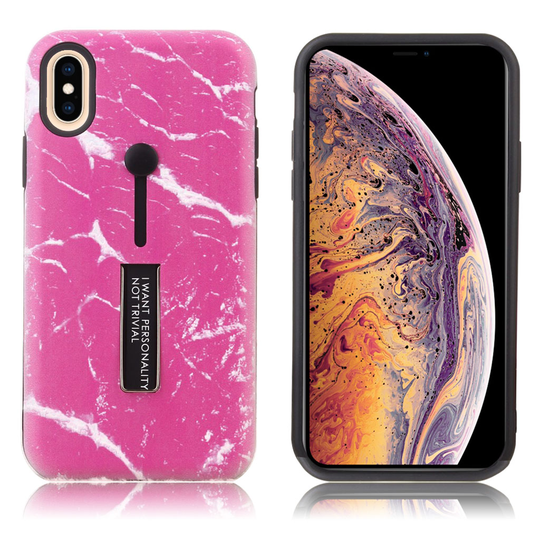 iPhone Xs Max Marmori kohokuviollinen hybriidi muovinen takasuoja kuori jalkatuella - Ruusu