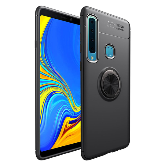Samsung Galaxy A9 (2018) pehmeä muovinen takasuoja kuori sormirenkaalla ja magneetti metalli levyllä - Musta