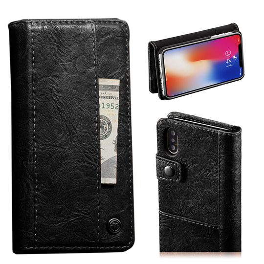 iPhone Xs Max CASEME vintage tyylinen synteetti nahkainen lompakko suojakotelo - Musta