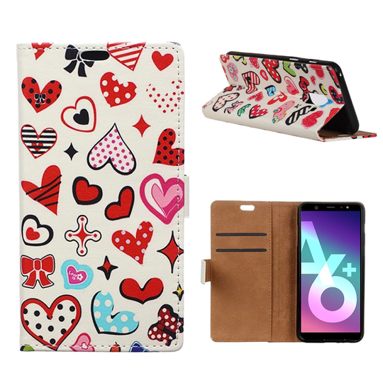Samsung Galaxy A6 Plus Kuvio Nahka Lopmakko Kuori - Värikkäät Sydämmet