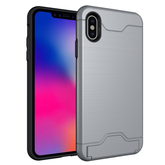 iPhone 9 Plus Harjattu Pintainen Hybriidi Muovinen Takasuoja Kuori Salaisella Korttipaikalla - Harmaa