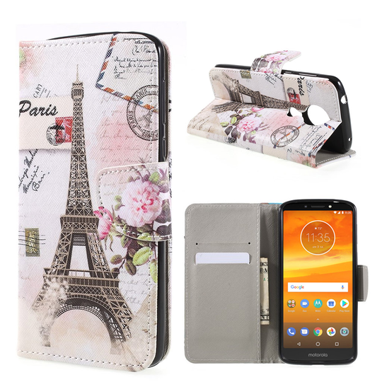 Motorola Moto E5 Plus Kuviollinen Seisova Nahka Lompakko Kuori - Eiffel Torni