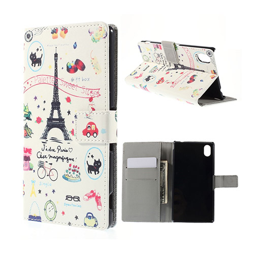 Moberg Sony Xperia M4 Aqua Nahkakotelo Korttitaskuilla - Eiffel Torni Ja Fruits