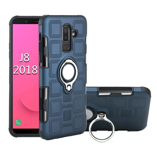 Samsung Galaxy J8 (2018) Geometrisesti Kuvioitu Hybriidi Muovinen Takasuoja Kuori Jalkatuella Ja Magneetilla - Tumman Sininen