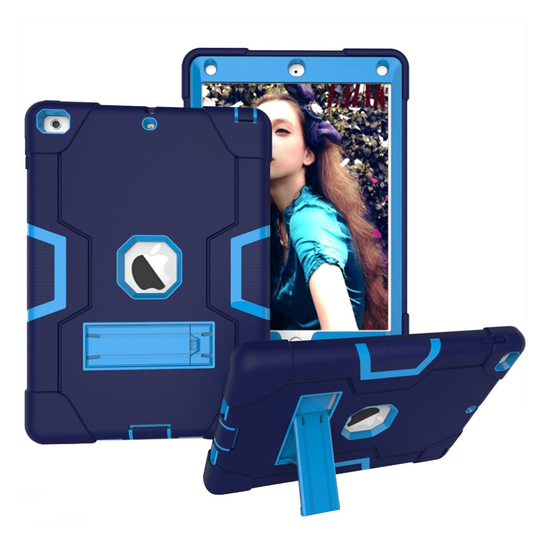iPad (2018) Hybriidi Muovinen Tabletti Takasuoja Kuori Jalkatuella - Vaalean Sininen/ Tumman Sininen