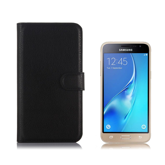 Samsung Galaxy J3 / J3 (2016) Litsi Pintainen Nahkakotelo - Musta