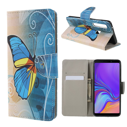Samsung Galaxy A9 (2018) synteetti nahkainen lompakko suojakotelo kuviolla - Sininen Perhonen