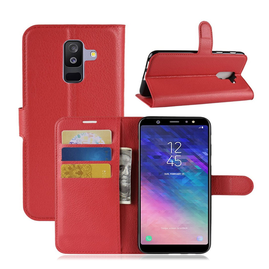 Samsung Galaxy A6 Plus Liitsihedelmän jyvä Seisova Nahka Lompakko Kuori - Punainen