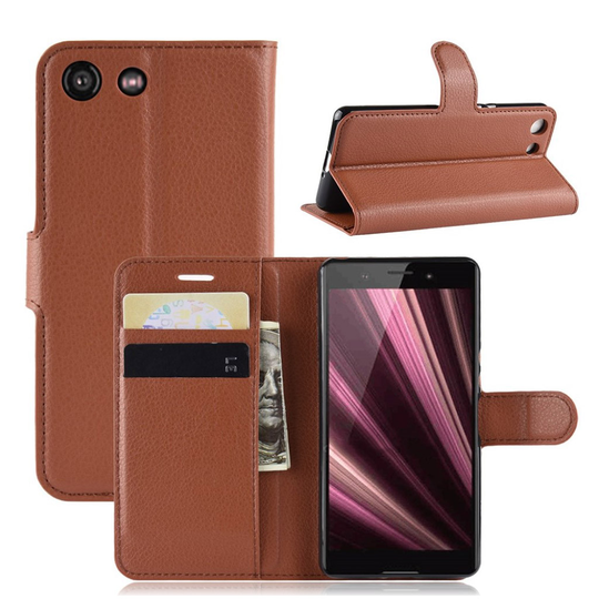 Sony Xperia XZ4 Compact litsi pintainen nahkainen flip suojakotelo - Ruskea
