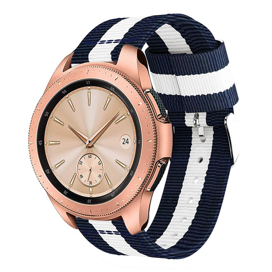 Samsung Galaxy Watch (42mm) raidallinen nailoni kangas kellon vaihdettava ranneke metalli soljella - Valkoinen/ Sininen