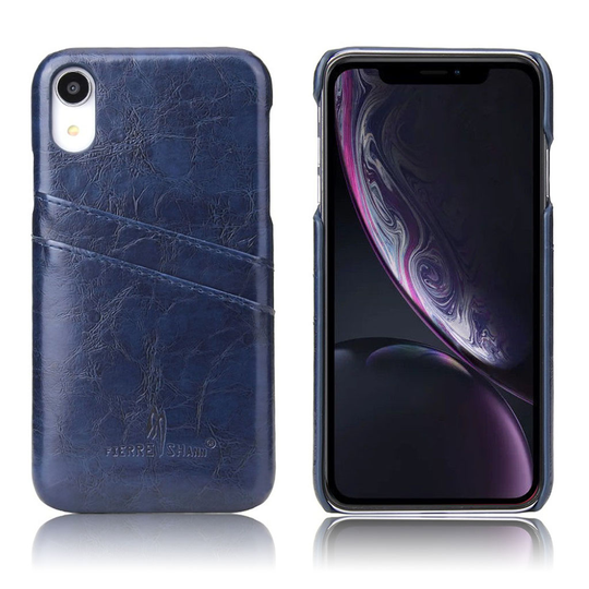 iPhone Xr FIERRE SHAN öljy vahattu synteetti nahka pinnoitettu muovi suojakuori kortti paikoilla - Sininen