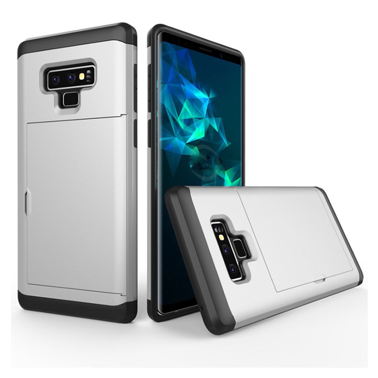Samsung Galaxy Note9 Kova Sekä Pehmeä Hybriidi Muovinen Takasuoja Kuori Korttipaikalla - Hopea