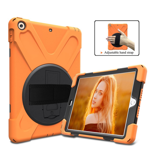 iPad (2018) X-Muotoinen 360 Asteen Käännettävä Hybriidi Taksuoja Kuori Jalkatuella - Oranssi