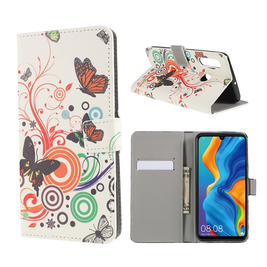 Huawei P30 Lite kuvioitu nahkainen flip suojakotelo - Perhonen Kukka