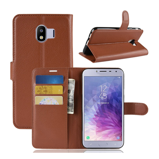 Samsung Galaxy J4 (2018) litsi tuntuinen nahkainen flip suojakotelo - Ruskea
