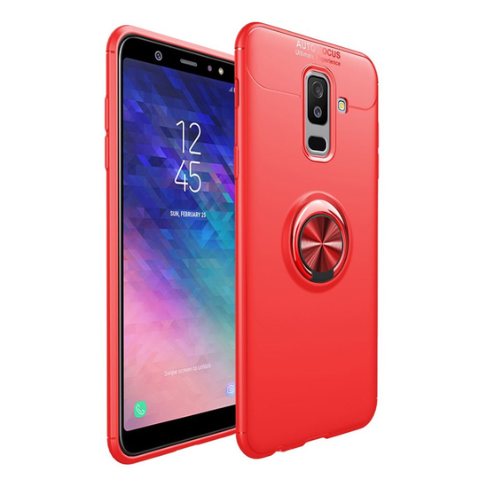 Samsung Galaxy A6 Plus (2018) Mobiilirenkaalla Ja Magneetilla Varustettu Muovinen Takasuoja Kuori - Punainen