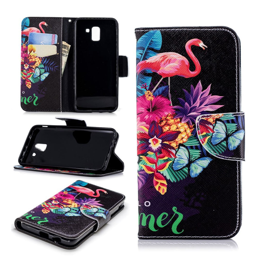 Samsung Galaxy J6 Seisova PU Nahkainen Lompakko Suojakotelo Kuviolla - Kukat Ja Flamingo