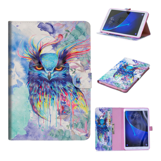 Samsung Galaxy Tab A 10.1 (2016) kuvioitu nahkainen flip suojakotelo - Värikäs Pöllö