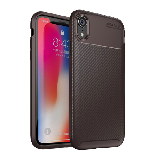 iPhone Xr Beetele sarjan hiilikuiutu harjattu silikooni muovinen takasuoja kuori - Ruskea