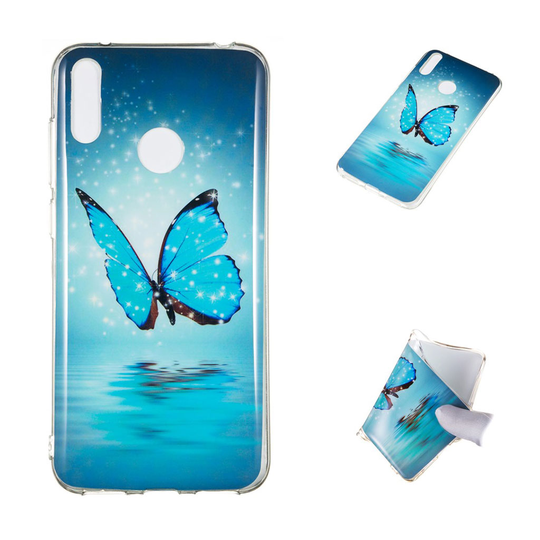 Huawei Y7 2019 pimeässä hohtava suojakotelo - Sininen Perhonen