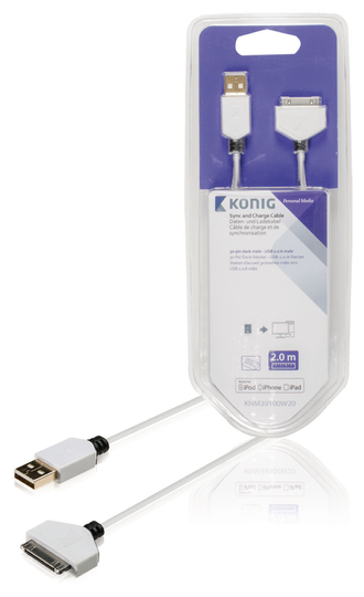 Synkronointi- ja latauskaapeli 30-nastainen telakkaliitin uros - USB 2.0 A -urosliitin 2 00 m valkoinen