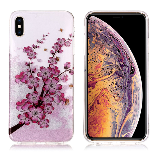 iPhone 9 Plus Kimalle Puuteri Pintainen Kuvallinen Silikooni Muovinen Suojakuori - Luumu Kukat