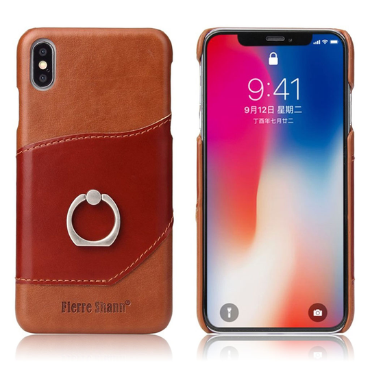 iPhone Xs Max FIERRE SHANN lehmän nahkainen kova muovinen suojakuori sormirenkaalla ja kortti paikalla - Ruskea