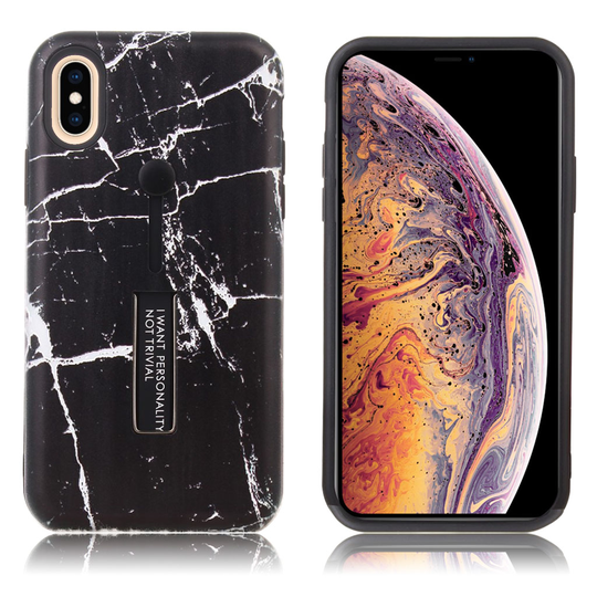iPhone Xs Max Marmori kohokuviollinen hybriidi muovinen takasuoja kuori jalkatuella - Musta