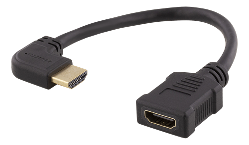 HDMI-sovitin, 0,2 M, Taipuisa Kaapeli, Vasemmalta Puolelta Lovitettu Kulmaliitin, Uros - Naaras, UHD