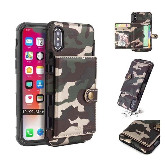 iPhone Xs Max SHOUHUSHEN kamo kuviollinen muovipohjainen synteetti nahka suojakuori kortti paikoilla - Tumman Vihreä
