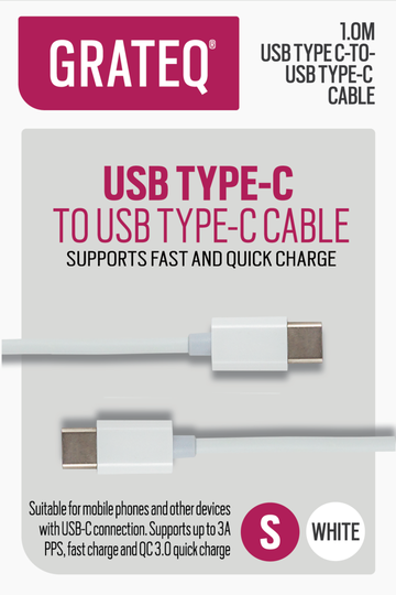 GRATEQ USB C - USB C LATAUSKAAPELI QUICK 1M VALKOINEN