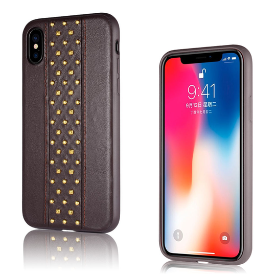 iPhone X niittii koristeltu muovipohjainen synteetti nahka takasuoja kuori - Ruskea