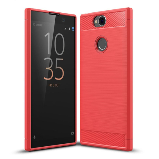 Sony Xperia XA2 Plus Hiilikuitu Harjattu ´Pehmeä Muovinen Takasuoja Kuori - Punainen