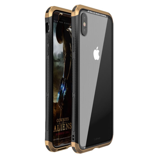 iPhone Xs Max LUPHIE karkaistu lasi ja metalli muovinen hybriidi suojakuori - Kulta