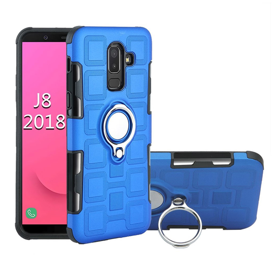 Samsung Galaxy J8 (2018) Geometrisesti Kuvioitu Hybriidi Muovinen Takasuoja Kuori Jalkatuella Ja Magneetilla - Vaalean Sininen