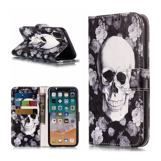 iPhone Xs Max kuviollinen synteetti nahkainen seisova lompakko suojakotelo - Pääkallo ja Kukat